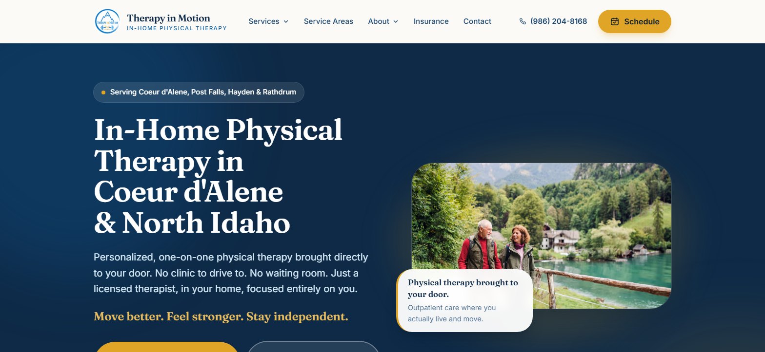 The Therapy in Motion homepage: a deep navy hero reading 'In-Home Physical Therapy in Coeur d'Alene & North Idaho' with a gold scheduling button.